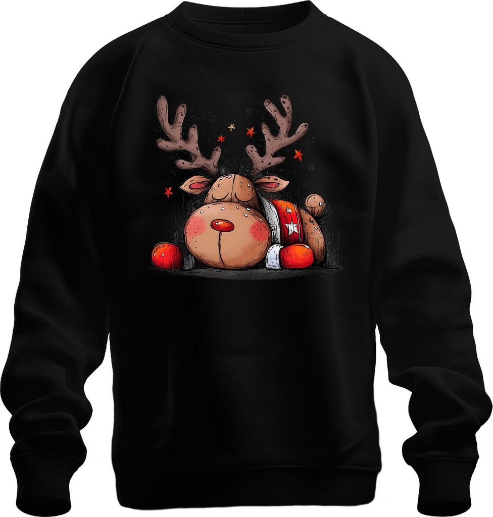 Weihnachten schlafendes Rentier rote Nase Geweih Sterne Niedlich Uni Sweatshirt Pullover, Schwarz, XXL