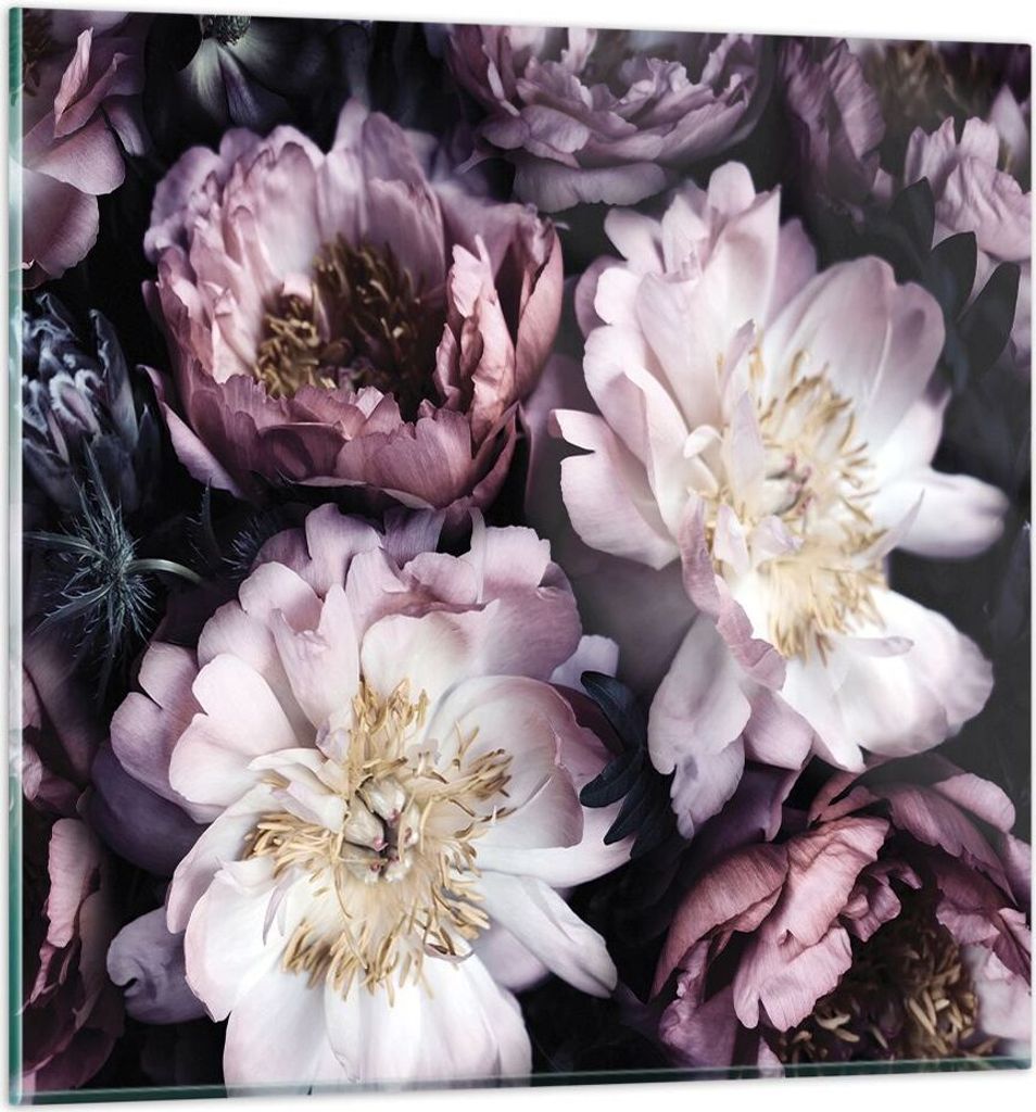 Bilder auf glas - Einteilig - Pfingstrosen Veilchen Blumen - 70x70cm - Glasbilder - Wandbilder - Bilder - Wanddekoration aus Glas - Glas Bilder - W...