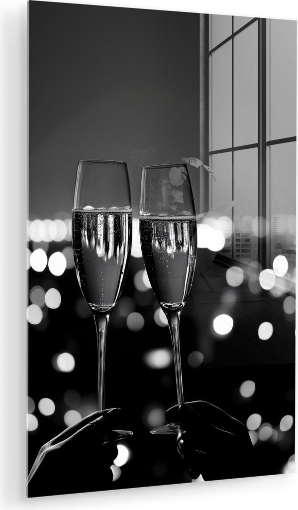 MuchoWow Glasbilder - Bilder auf Wandbild - Foto auf Glas Seifenblasen - Prost - Champagnergläser - Lichter der Stadt 60x90 cm Wanddekoration aus ...