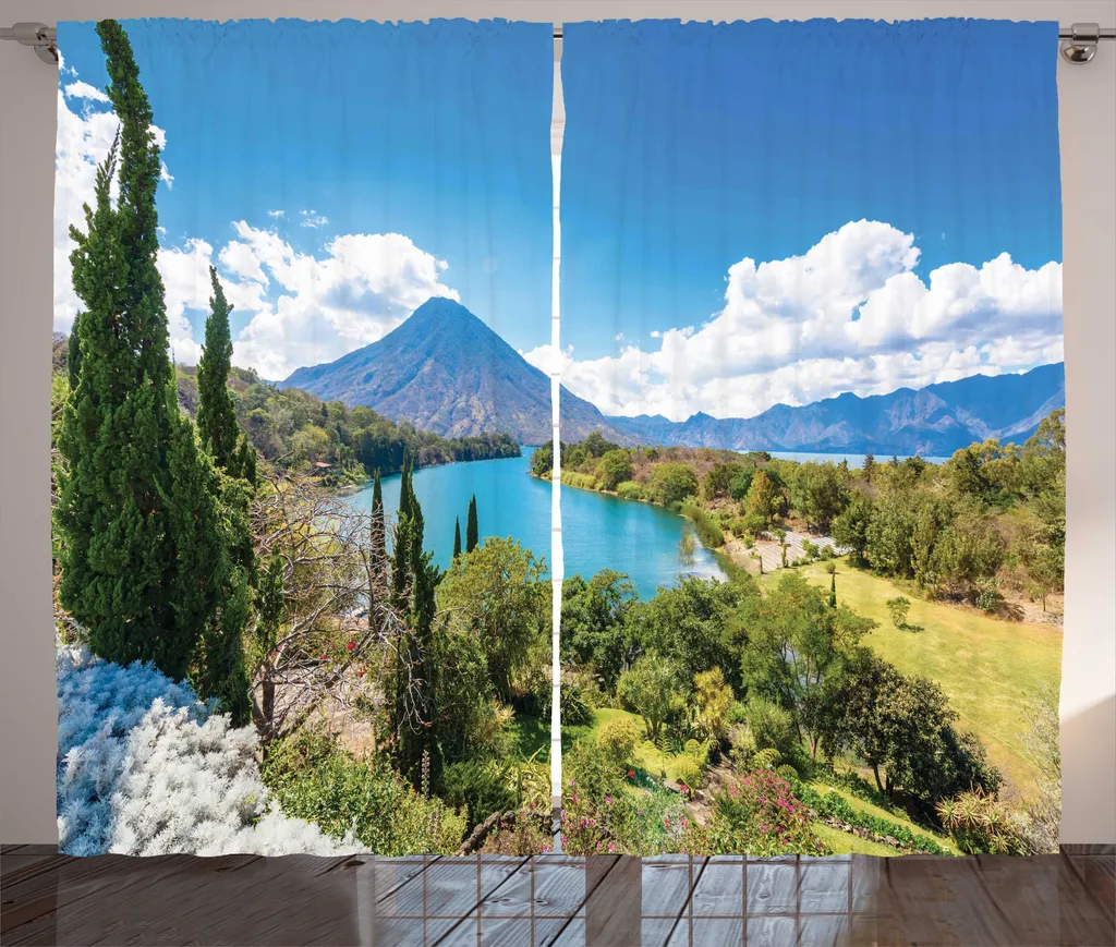 Rideau de Chambre Rustique Imprimé Volcan et Lac avec Crochets 280x225