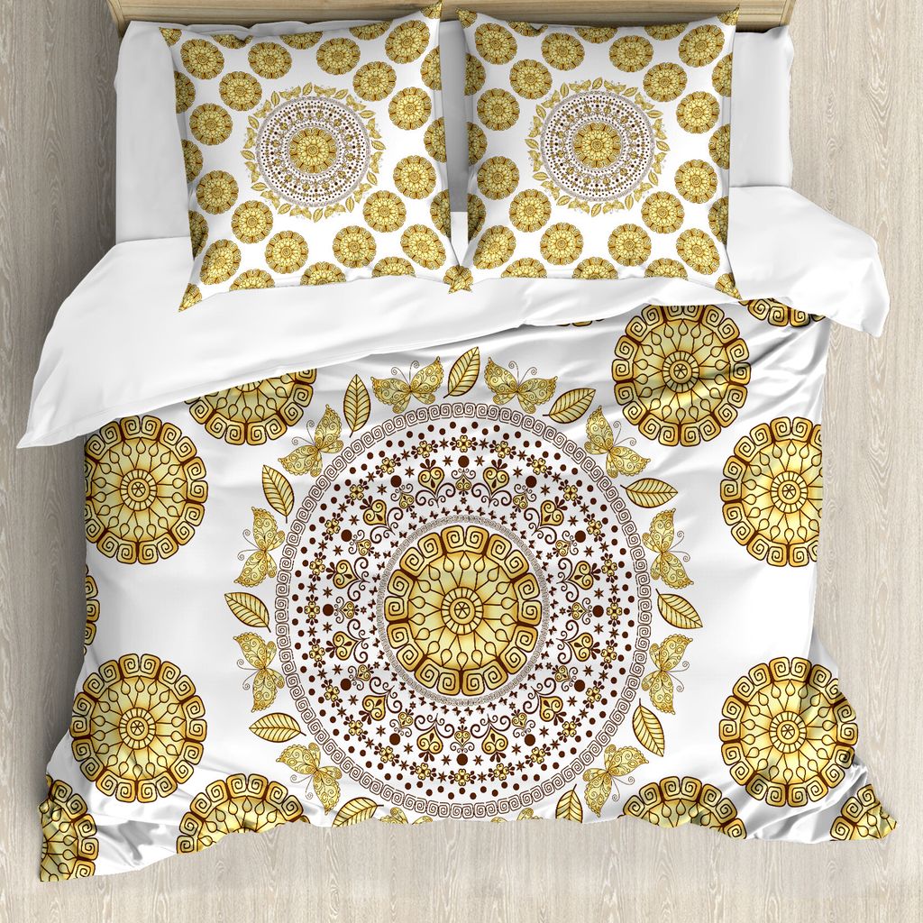 ABAKUHAUS Mandala Bettbezug, natürliche Blätter, Milbensicher Allergiker geeignet mit Kissenbezügen, 155 cm x 220 cm - 80 x 80 cm, Gelb-Creme Brown