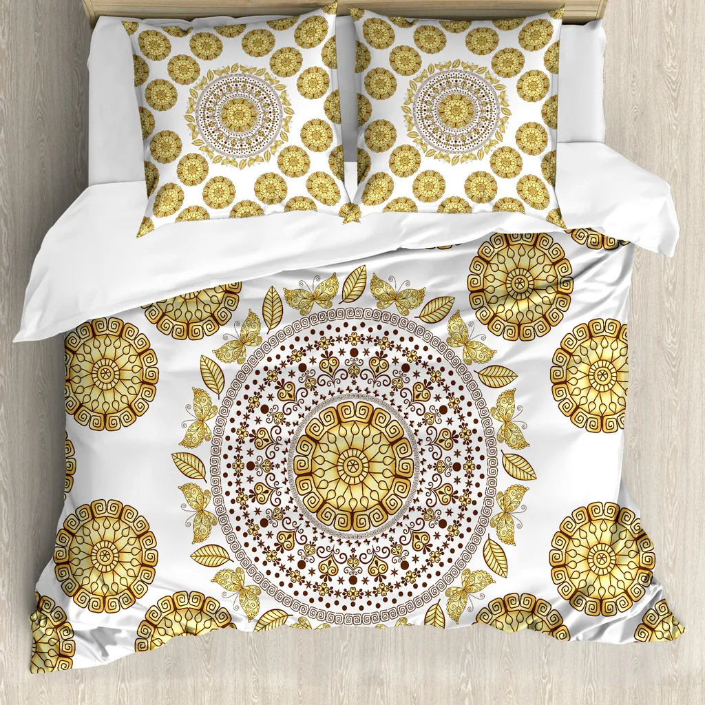 ABAKUHAUS Copripiumino Mandala, foglie naturali, antiacaro, adatto a chi soffre di allergie, con federe, 200 cm x 200 cm - 80 x 80 cm, giallo-crema marrone