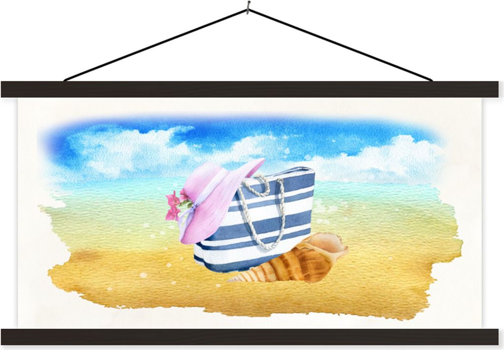 MuchoWow Textilposter Tasche - Hut - Muschel - Sand 60x30 cm mit schwarzem Rahmen - Textilien