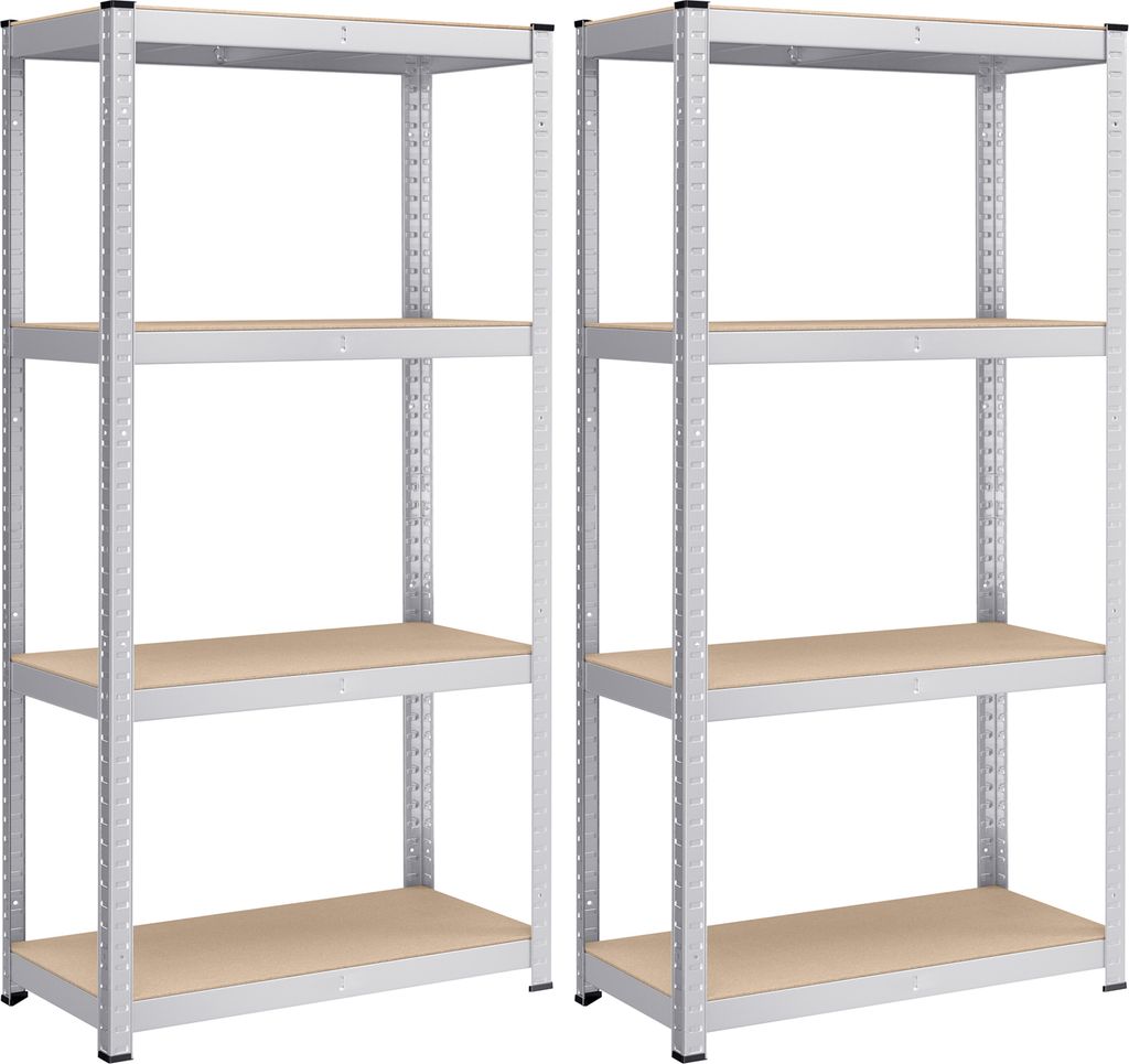 Two identical metal shelving units with wooden shelves, displayed against a white background.