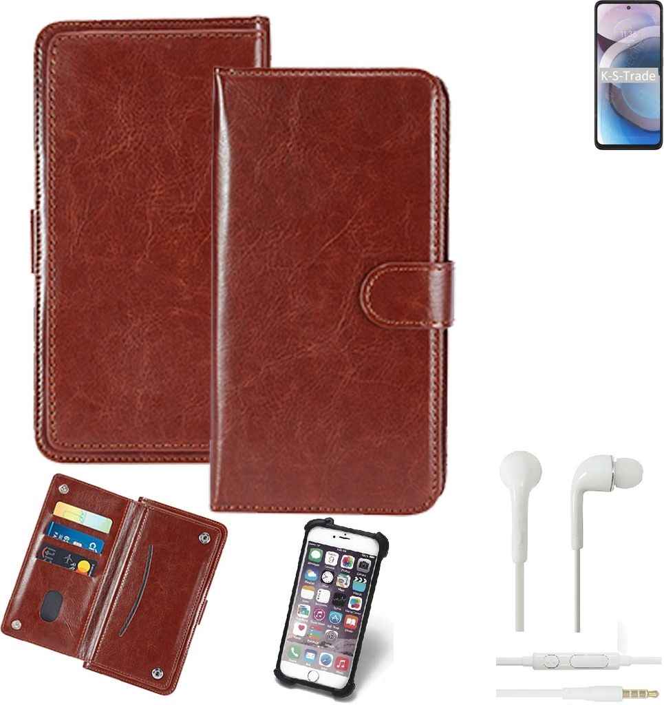K-S-Trade 360° Hülle kompatibel mit Motorola Moto One 5G Ace inkl. Headphones braun Kunstleder Case BookCase WalletCase Kunstlederederhülle