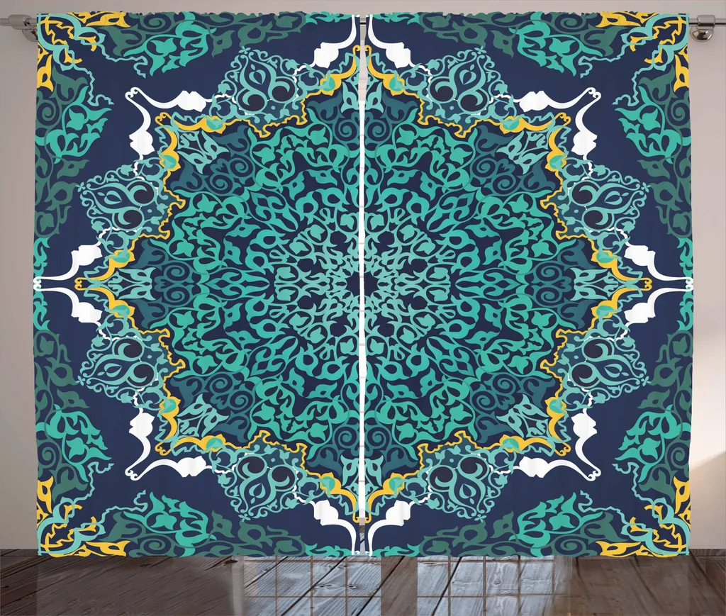 ABAKUHAUS Tenda rustica con motivo turco, motivo ottomano, tenda con passanti e ganci per camera da letto, 280 x 175 cm, turchese blu scuro