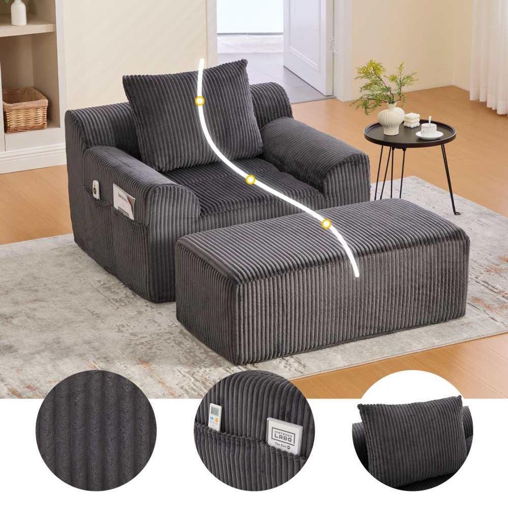 AIORBER XXL Cord Sessel Lesesessel mit Kissen, Relaxsessel 1-Sitzer mit Seitentaschen, weich gepolstert, ohne Montage, moderner Loungesessel Dunkel...