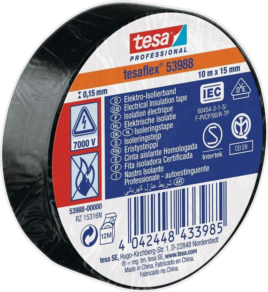 tesa 53988 Professional Isolierband 7000V, 10 m x 15 mm, schwarz