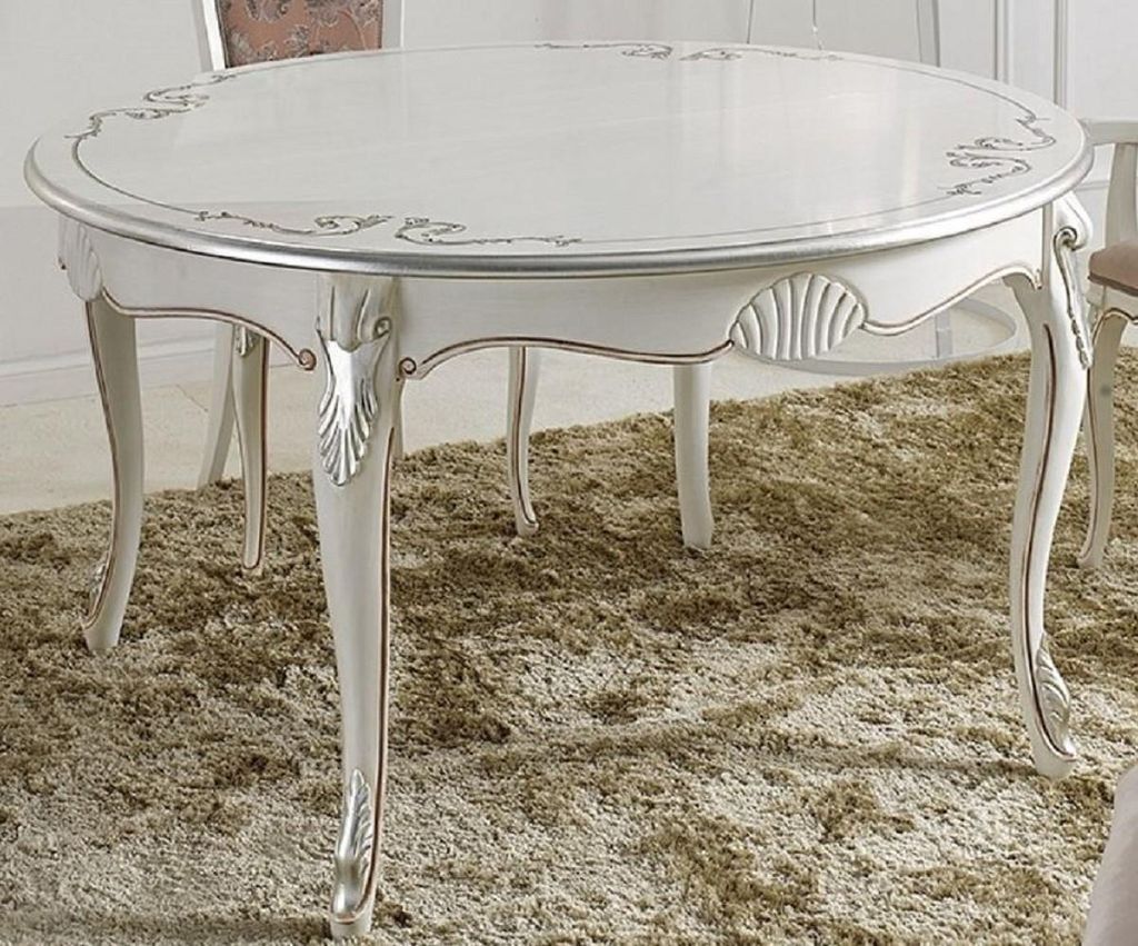 Casa Padrino Luxus Barock Esstisch Weiß / Silber - Ovaler Ausziehbarer Massivholz Esszimmertisch - Barock Esszimmer Möbel - Luxus Qualität - Italy