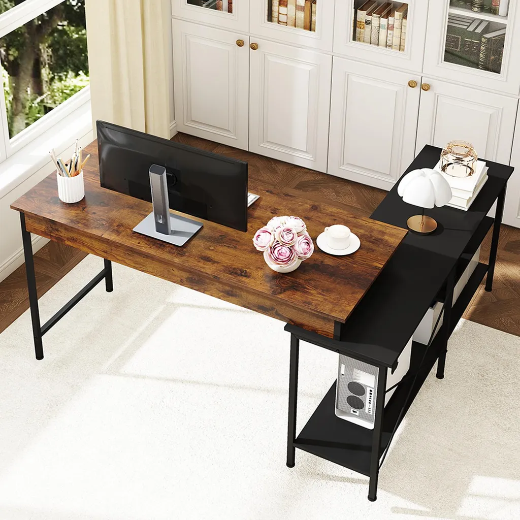 Bureau d'angle compact gain de place avec étagères pour studio et chambre