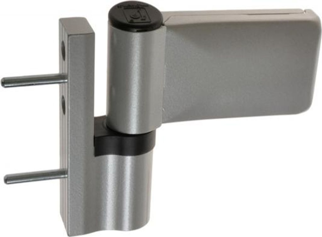 A silver hinge with a black cap is shown against a white background.