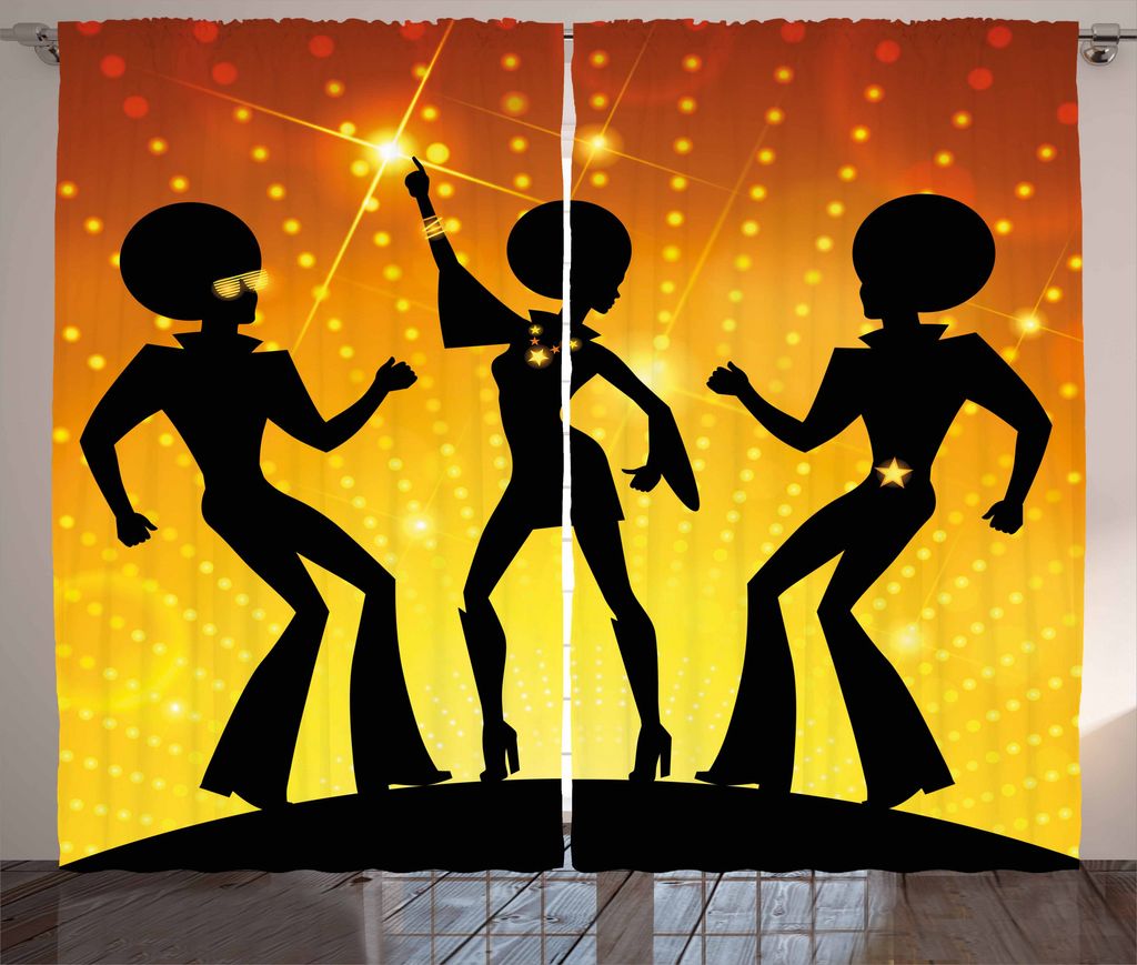 ABAKUHAUS 70s-Party Rustikaler Gardine, Tanzende Afro-Leute, Schlafzimmer Kräuselband Vorhang mit Schlaufen und Haken, 280 x 225 cm, Orange Gelb S...