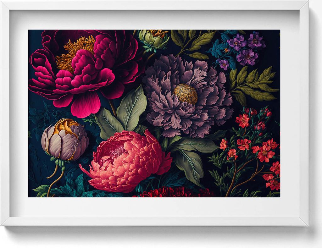 Vintage-Bouquet aus botanischen Blumen– Wandbild mit Rahmen – Gerahmtes Bild – Wanddekoration – 70x50 cm – Schwarz Rahmen
