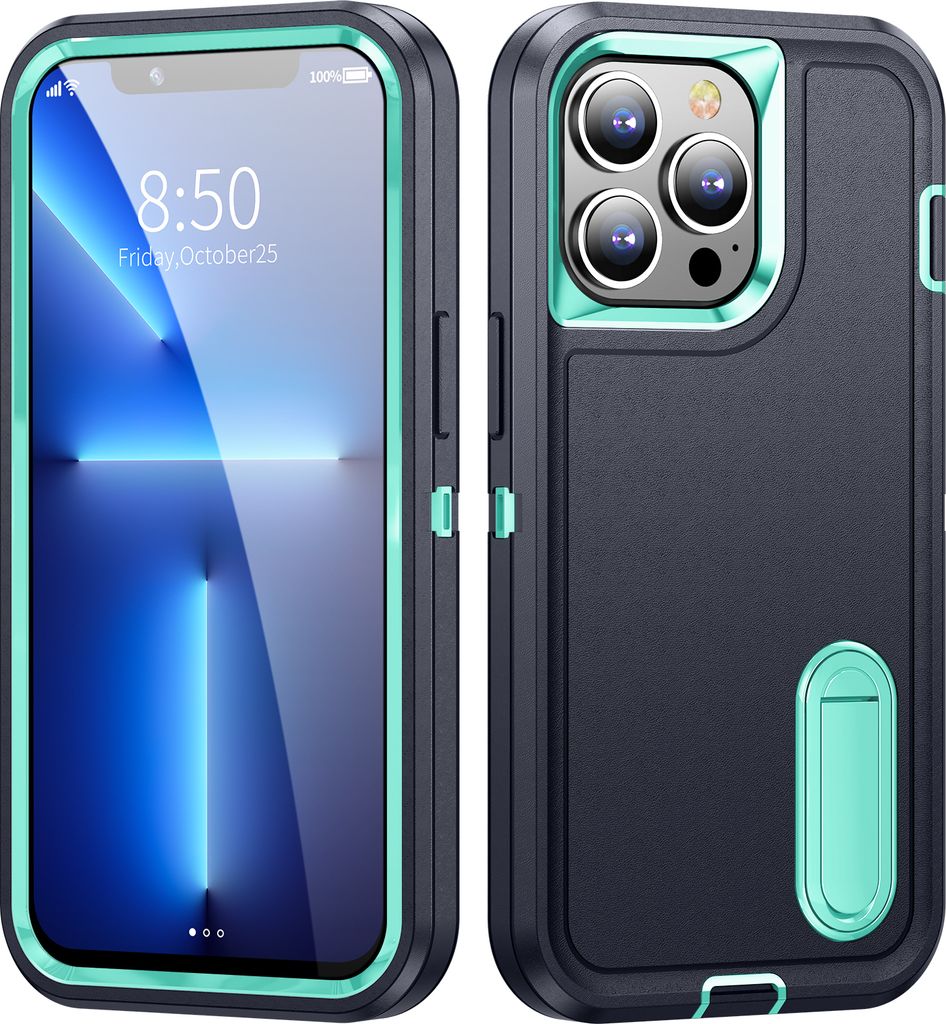 Hülle für iPhone 13 Pro Max Hybrid Dreilagige Robust Stoßfest Schwerlast Schutzhülle mit Ständer Blau