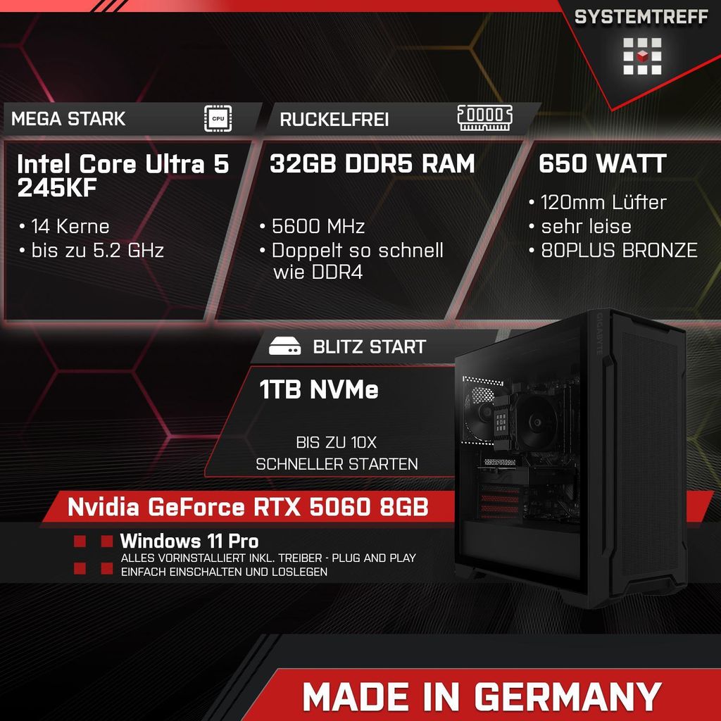 SYSTEMTREFF Mini PC - Core Ultra 5 245KF - Nvidia GeForce RTX 5060 8GB - 32GB DDR5 - 1TB NVMe - 24 Zoll TFT - Windows 11 Pro - Desktop