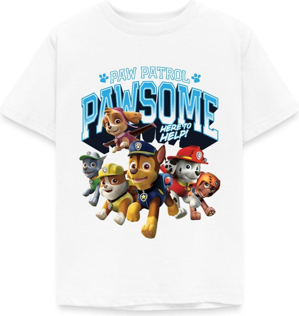 Spreadshirt Paw Patrol Pawsome Here To Help Spruch Blau Kinder T-Shirt, 110/116 (5-6 Jahre), Weiß