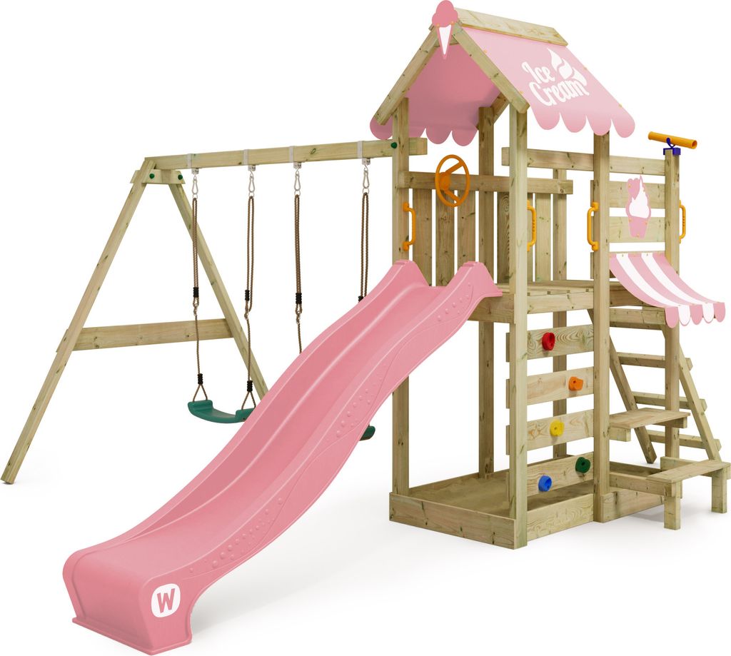 WICKEY Spielturm Klettergerüst VanillaFlyer mit Schaukel & Rutsche, Kletterturm mit Sandkasten, Leiter & Spiel-Zubehör – pastellpink