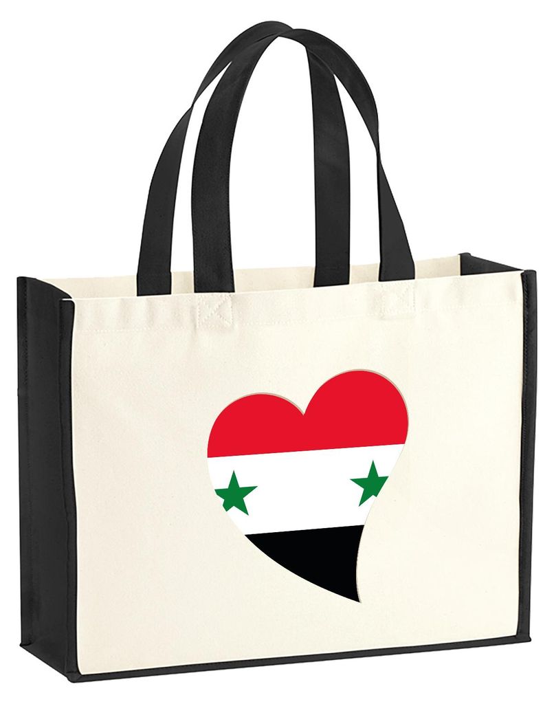 Huuraa Jutetasche Syrien Flagge Herz 21 Liter Black Jute und Baumwolle Einkaufstasche Geschenkidee