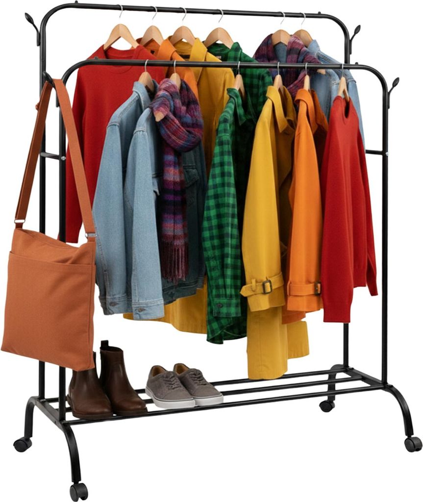 RUHHY Doppelter Kleiderständer aus Metall mit Ablage und Rollen – Stabiler Garderobenständer Schwarz, Belastbar, Mobil, 150 × 110 × 57 cm