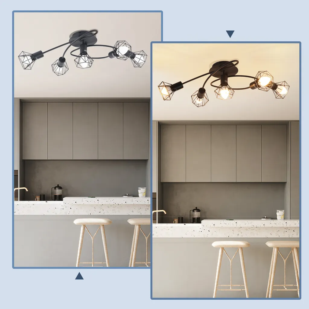 Plafonnier Orientable à 350° Noir 5 Spots E14 pour Éclairage Intérieur Rétro - 2