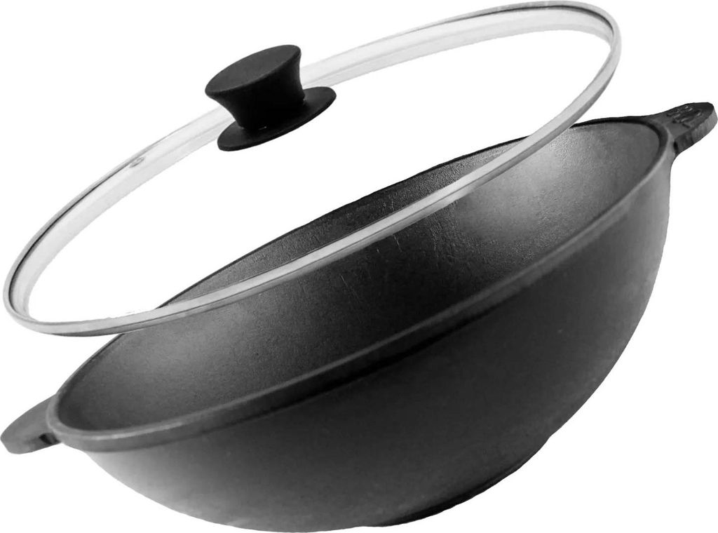 Ø30 cm Wok Bratpfanne aus Gusseisen mit zwei Griffen + Glasdeckel Asia Wokpfanne Induktion