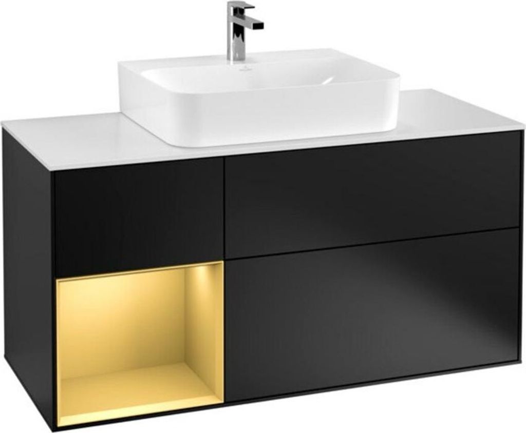 V&B Waschtischunterschrank Wandbeleuchtung Finion 120cm, Pl wh. m, Reg li gol m, bla m Lac