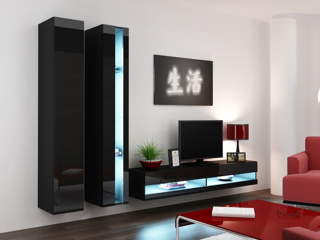 Wohnwand Mediewand 3 tlg. Wohnzimmer - Set VIGO NEW 5D schwarz Hochglanz 260cm breit