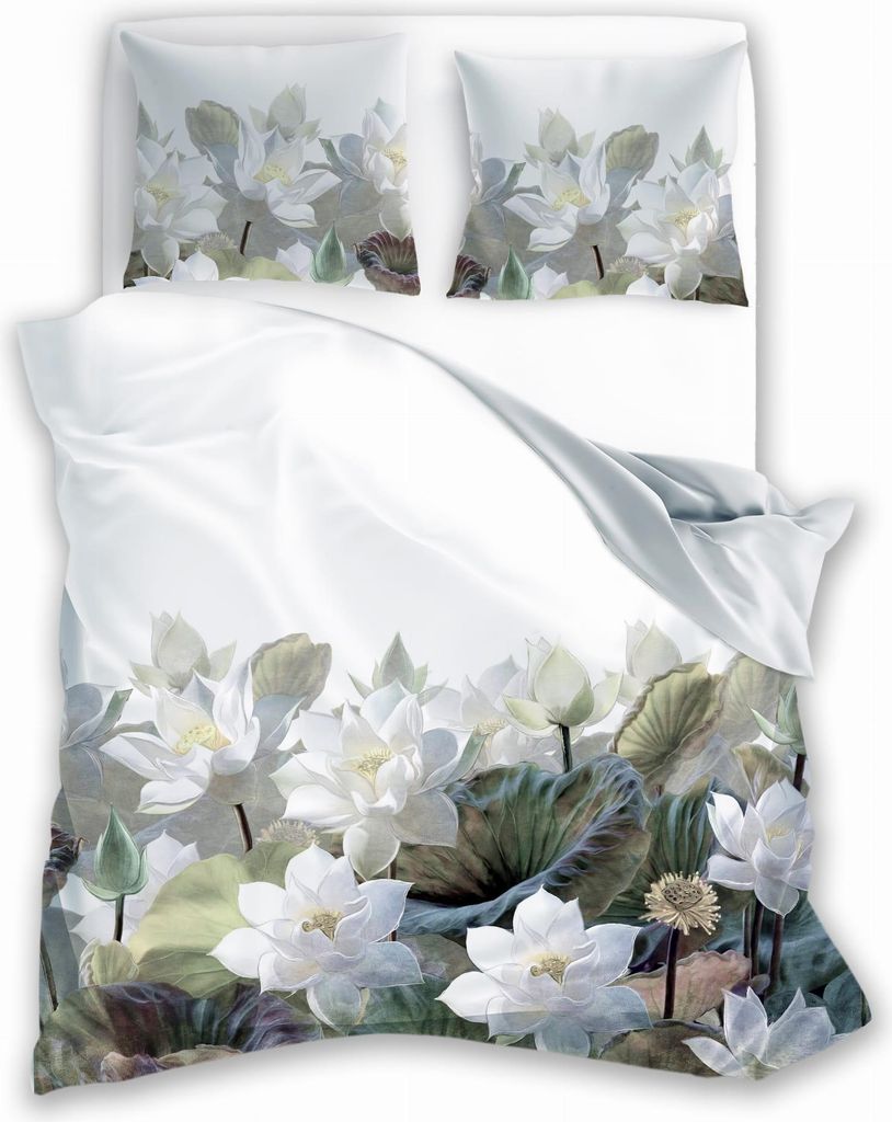 Satinbettwäsche 160x200 Digitaldruck Nobile Blumen mit Grün auf hellem Hintergrund