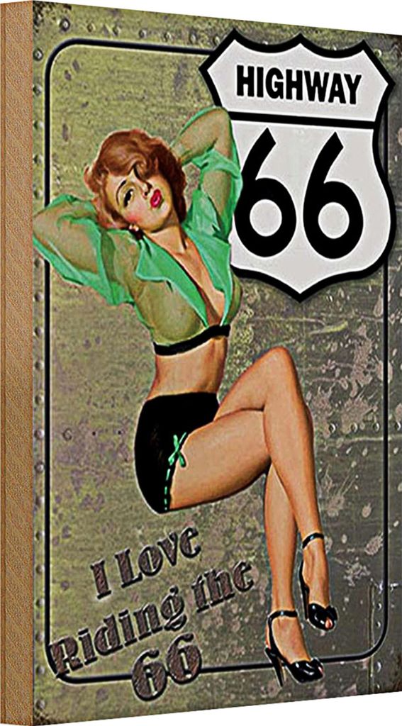 Holzschild Pin Up 20x30cm Highway 66 i love riding the 66