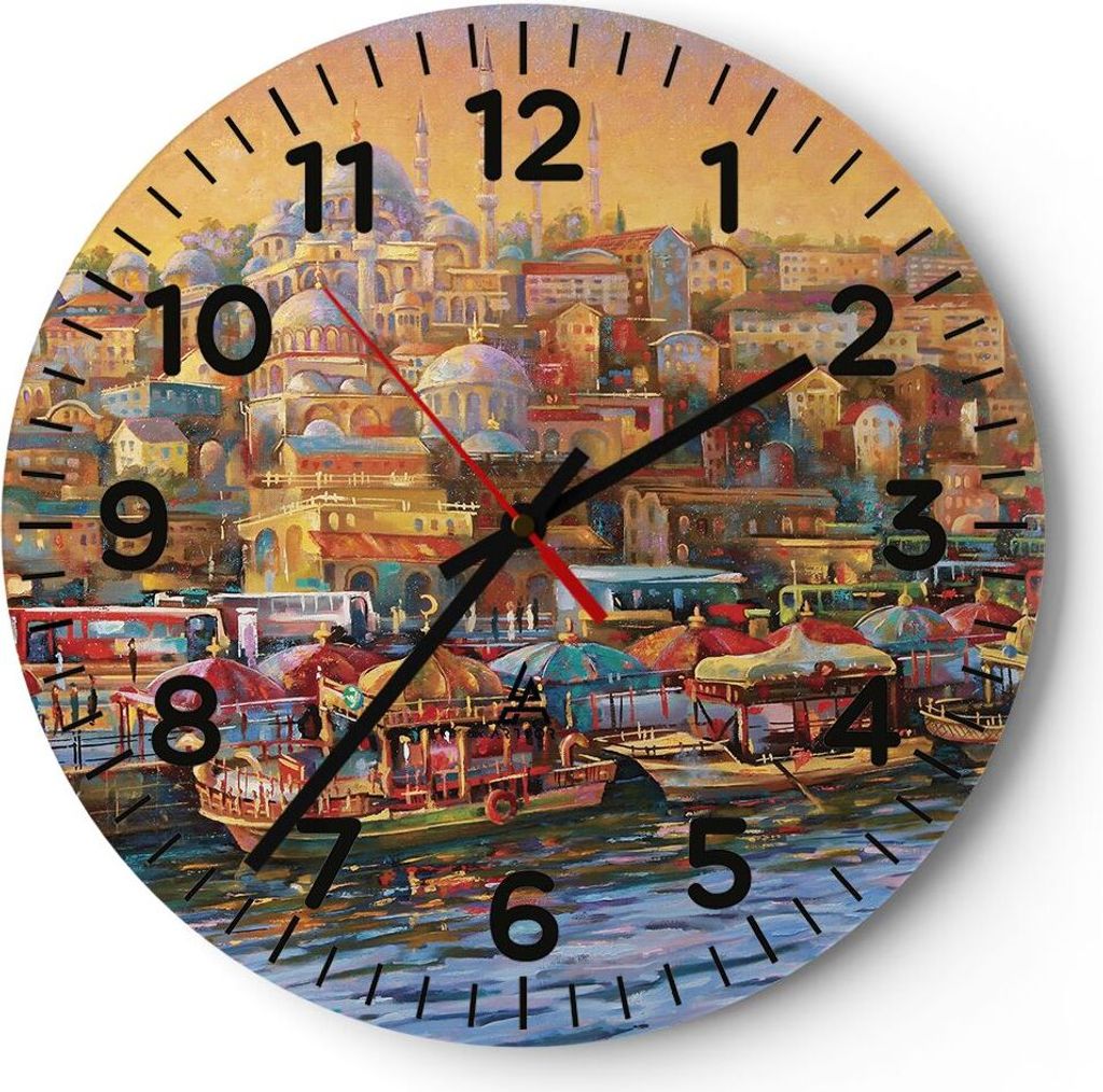 Wanduhr - Rund - Glasuhr - Farben Stadt Türkei - 40x40cm - Schleichendes Uhrwerk - Lautlos - zum Aufhängen bereit - Dekoration Modern - Wanddekor...