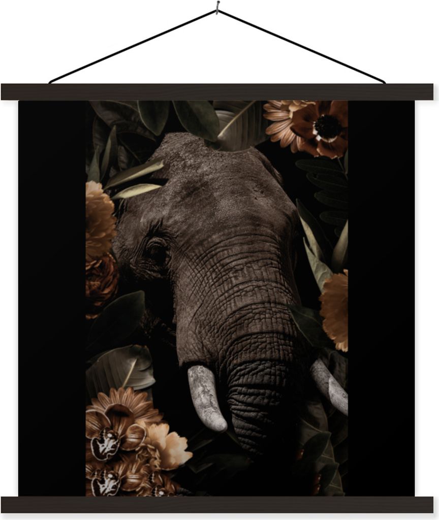 MuchoWow Textilposter Elefant - Tiere - Blumen - Blätter 90x90 cm mit schwarzem Rahmen - Magnetisches