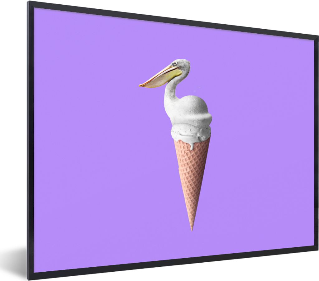 MuchoWow Gerahmtes Poster Eiscreme - Vogel - Pelikan - Weiß - Eistüte 40x30 cm - Poster mit Schwarzem Bilderrahmen Wandposter Rahmen Foto Bilde...