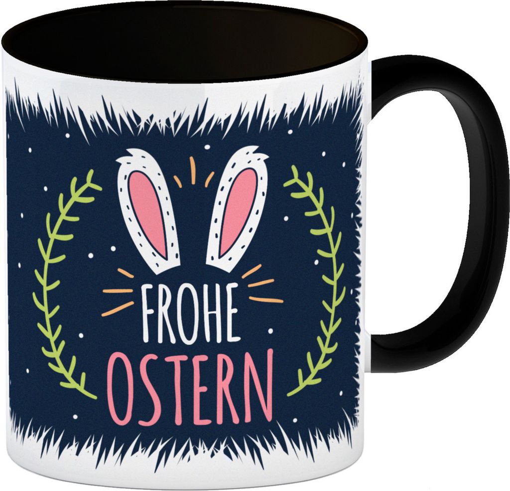 Frohe Ostern Kaffeebecher Henkel und Innenseite Schwarz