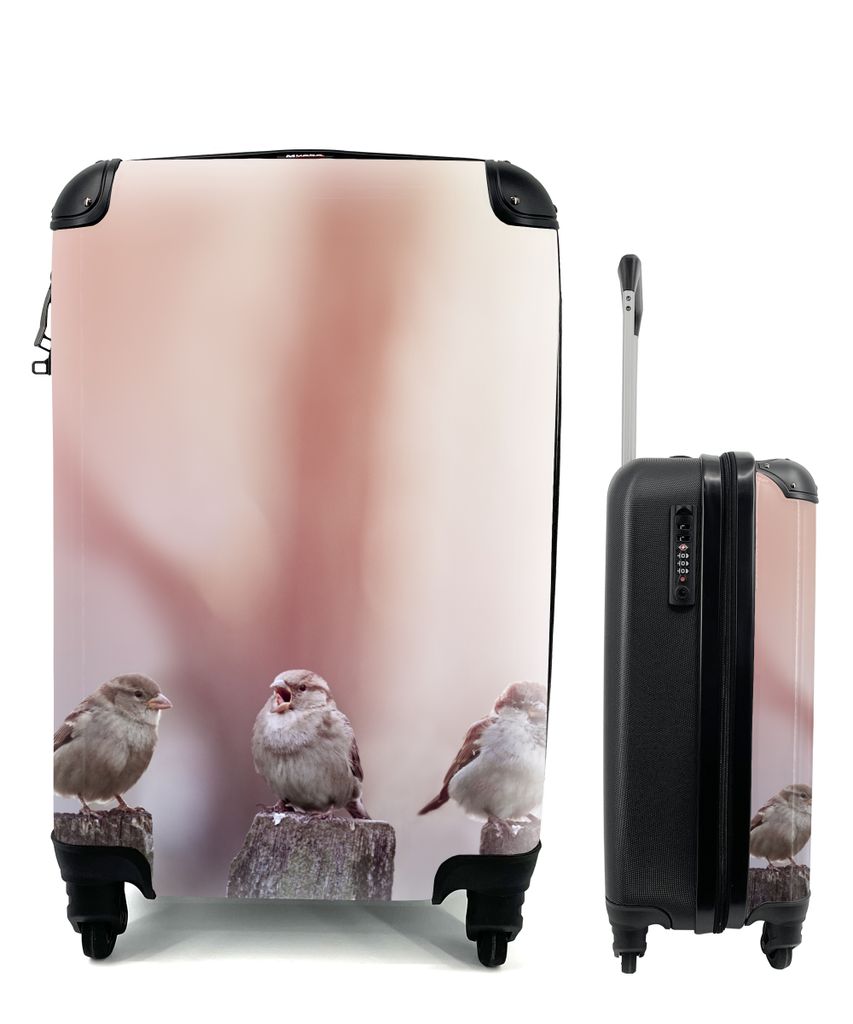 MuchoWow Koffer Handgepäck Trolley Rollkoffer Kleine Reisekoffer mit 4 Rollen - Vögel - Spatzen - Pfähle - Holz - Cabin Size < 55x40x23 cm & 5...