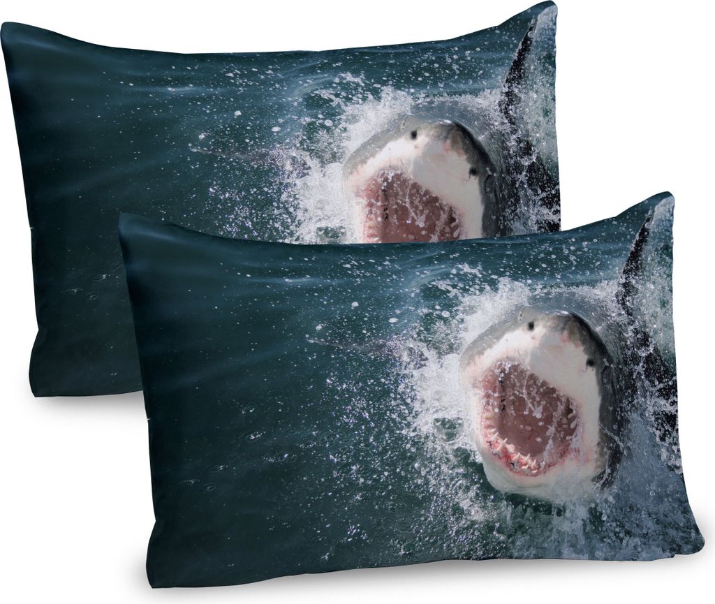 ABAKUHAUS Hai Kissenbezug Packung mit 2, Wildes Tier im Meer, das den Mund und Zähne beängstigend angreift, beängstigen Druck, Dekorativer Gedru...
