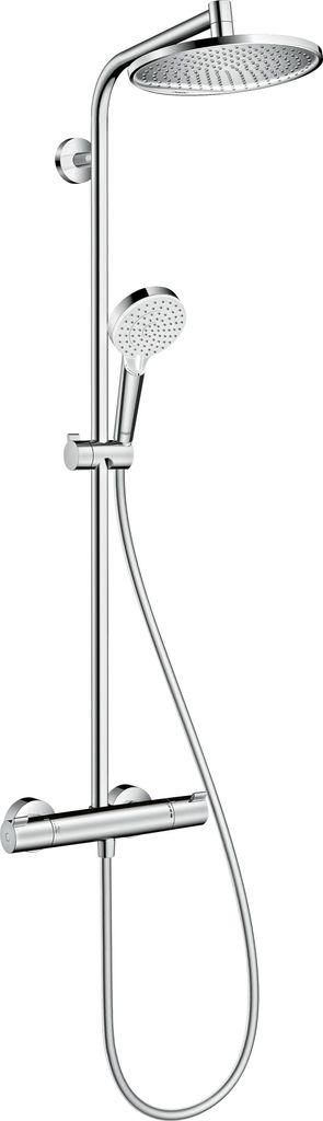 A chrome shower system with a rain shower head and a handheld shower head, mounted on a wall.