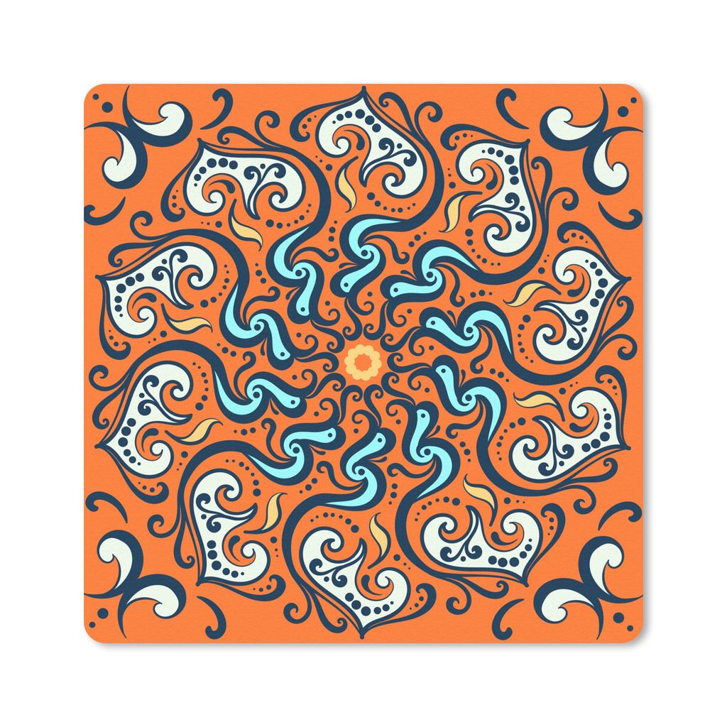 MuchoWow Mauspad Mousepad Mandala - Blätter - Blau - Orange 20x20 cm - Mousepads - Maus Mat - Pad - Mausunterlage - Desk Mat - Bureauartikeln
