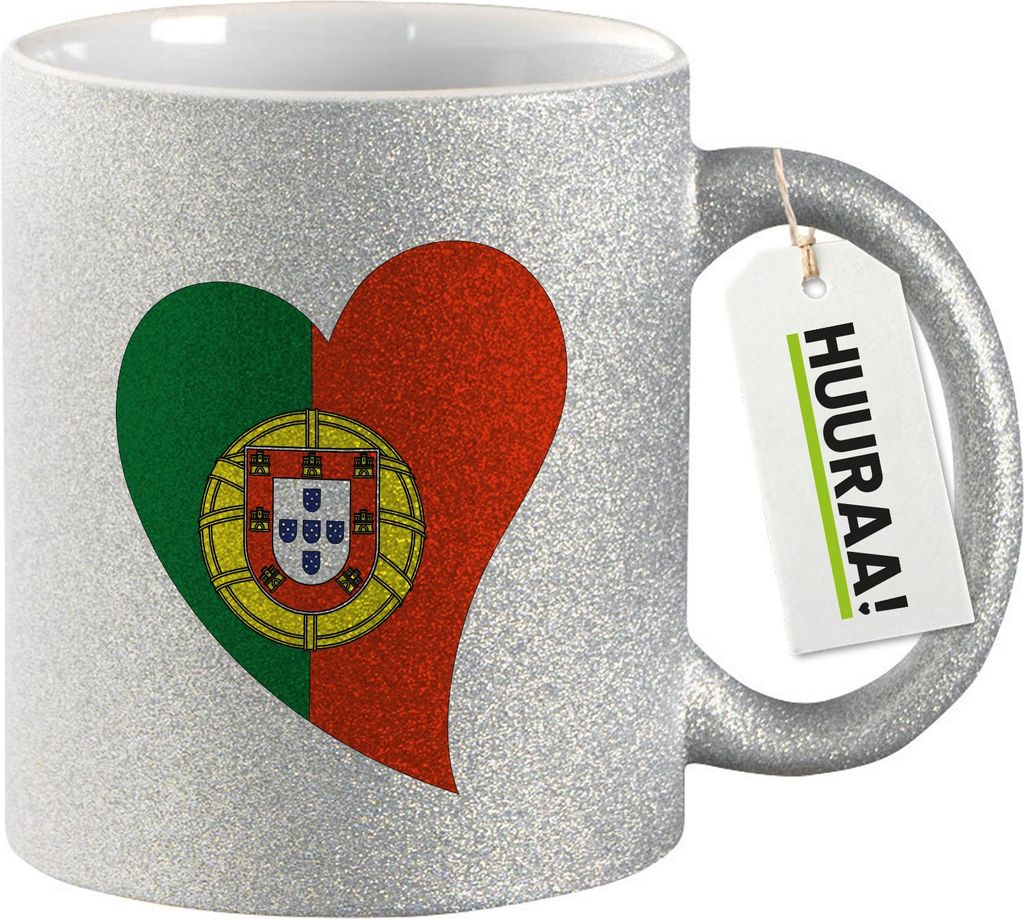 Huuraa Glitzertasse Portugal Flagge Herz 330ml Silber Keramik Kaffeebecher Geschenkidee