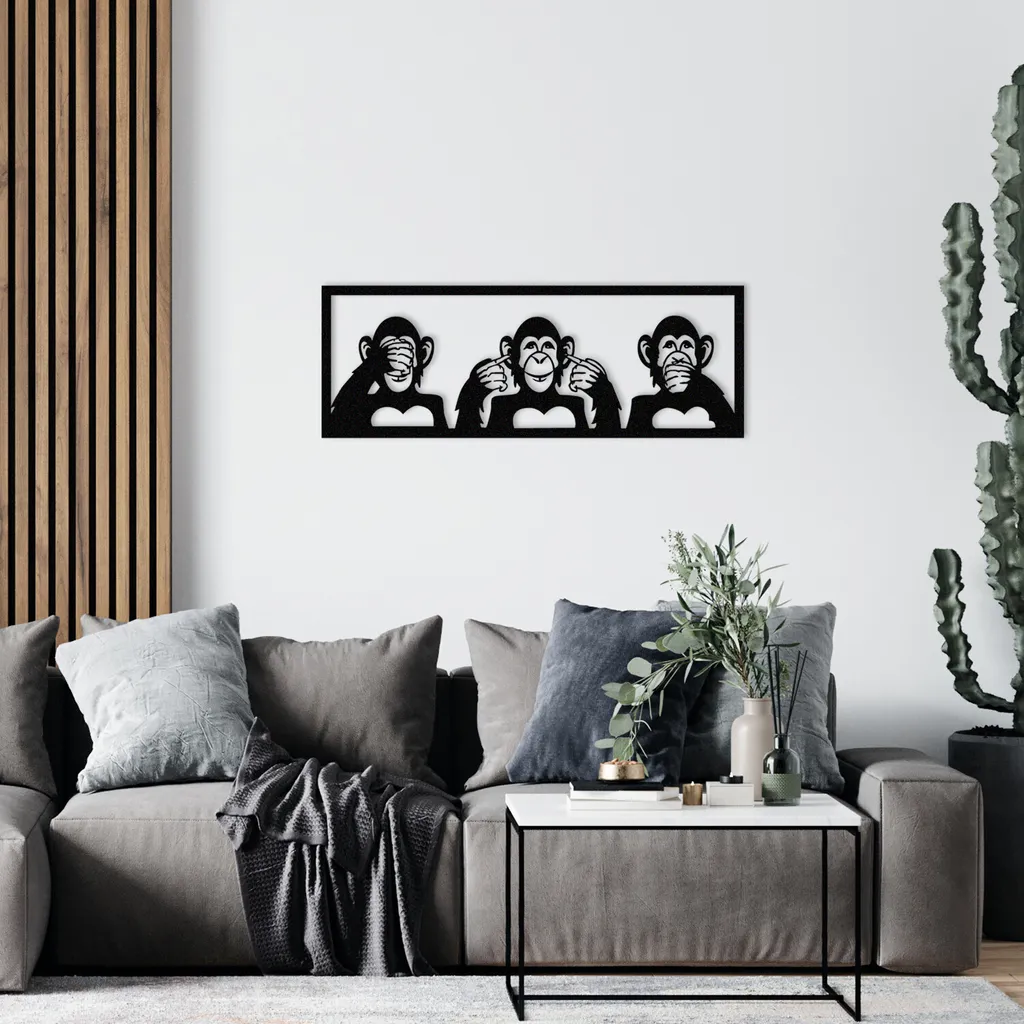 Decorazione Metallo Nero Wallity Tre Scimmie L 100x36cm Design Luxury