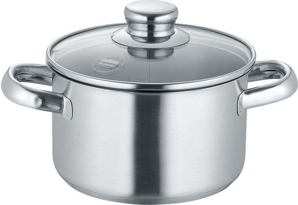 A stainless steel cooking pot with a glass lid and handles, shown from a front-side angle against a white background.