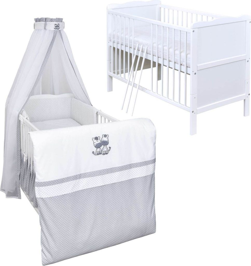 Baby-Delux Babybett Kinderbett Max 120×60 Weiß mit Matratze, Beißschienen 10-tlg. Bettwäsche Set Zebra