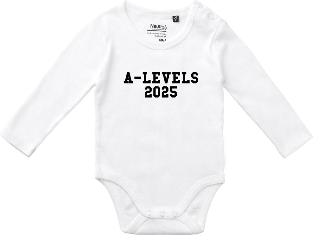 Huuraa Baby Body A-Levels 2025 Abschluss Großbritannien 74 White Baumwolle Fairtrade Langarmbody Geschenkidee