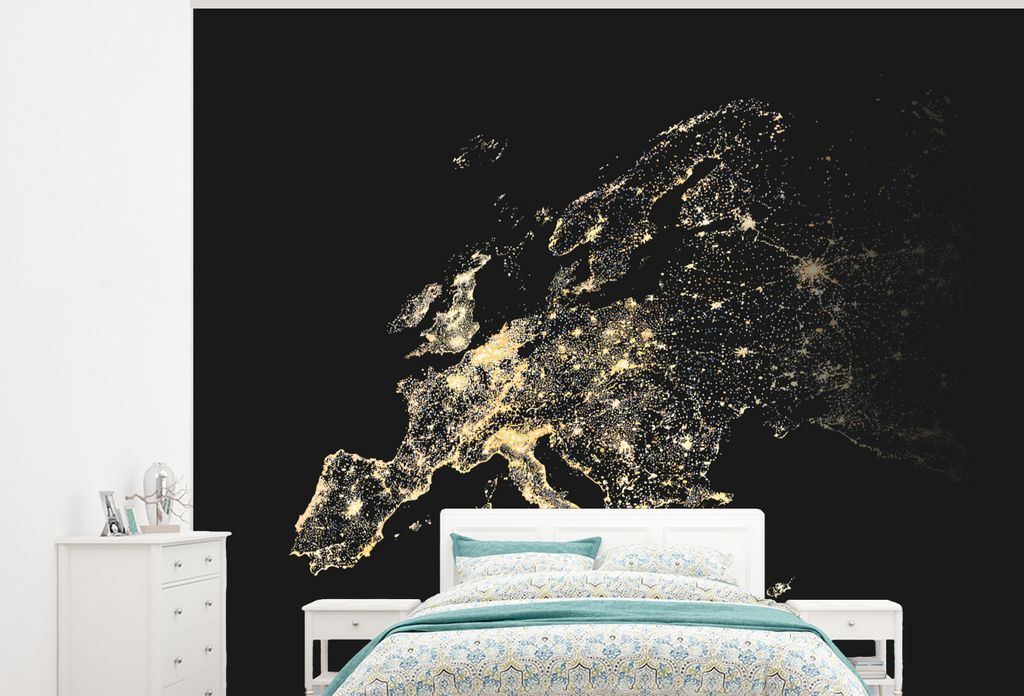 MuchoWow Fototapete für Wohnzimmer oder Schlafzimmer Wandtapete Vinyl Motivtapete Karte - Europa - Schwarz - Gold - 275x220 cm - Gemustert