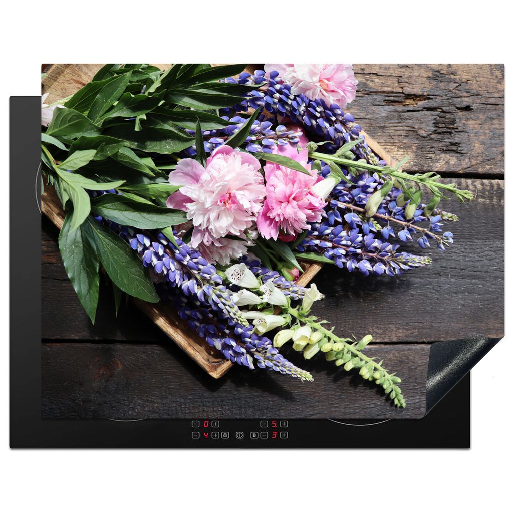 KitchenYeah Herdabdeckplatte Blumen - Vintage - Holz , 77x59cm, Küche Deko, Glaskeramikkochfeld Herdabdeckung, Abdeckplatte fùr Kochfeld