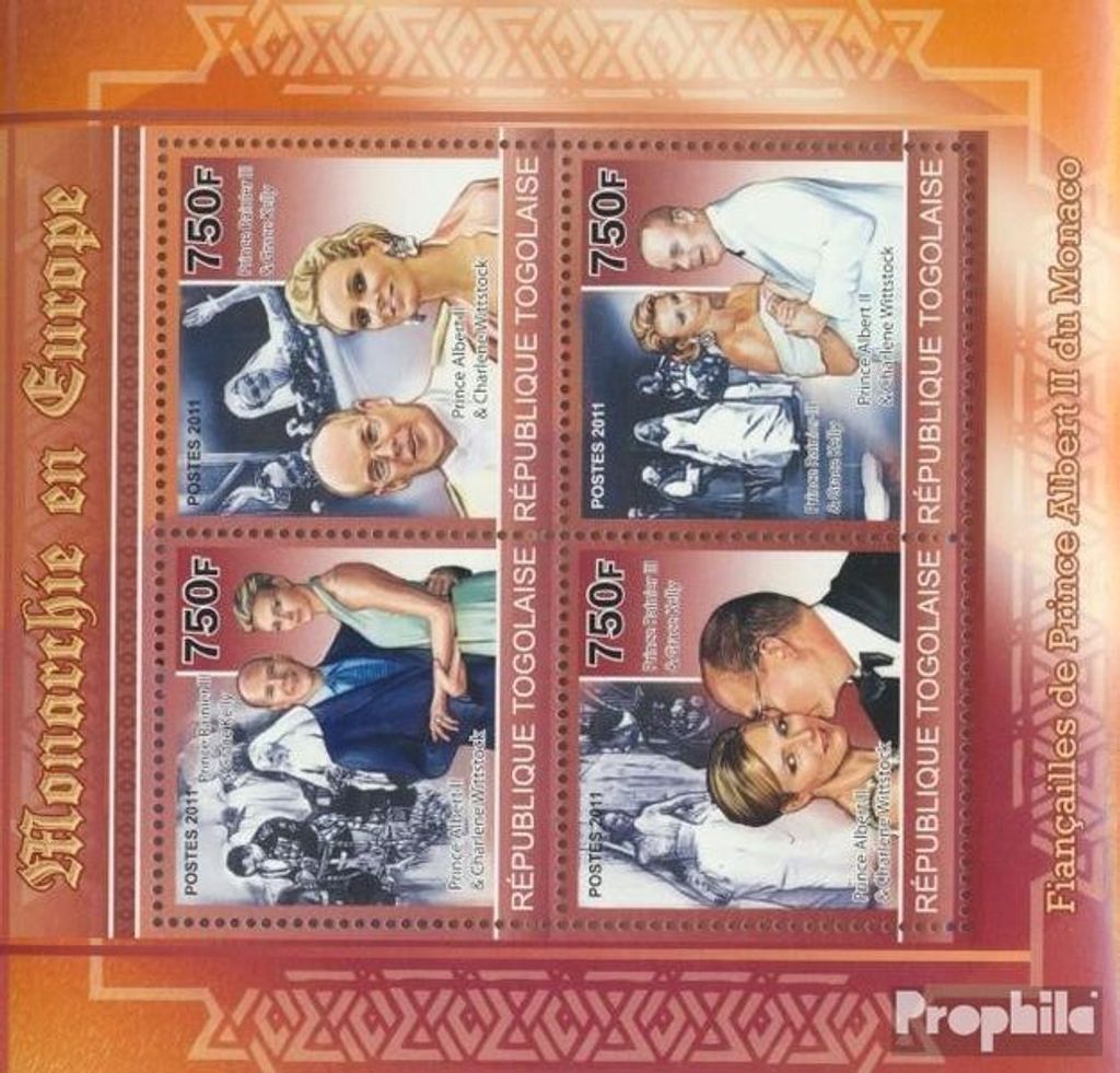 Briefmarken Togo 2011 Mi 3989-3992 Kleinbogen (kompl. Ausgabe) postfrisch Monarchien in Europa