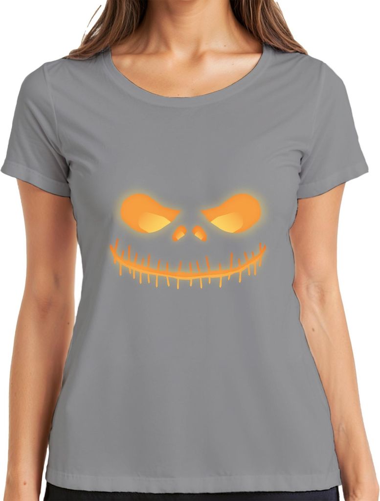 Halloween Grinsender Totenkopf Leuchtend Neon Gelb Horror Glühend Damen T-Shirt, Grau, 3XL