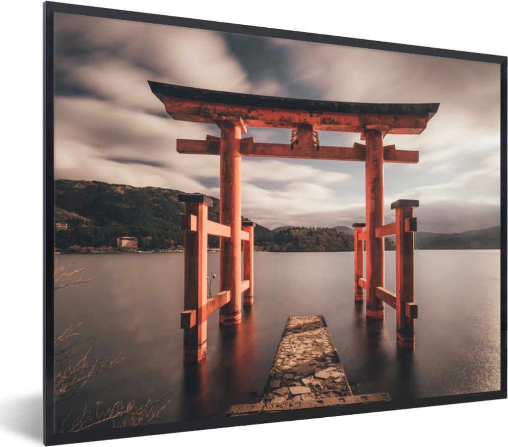MuchoWow MuchoWow Gerahmtes Poster Tor - Berg - Japan 80x60 cm - Poster mit zchwarzem Bilderrahmen - Schwarzem - Mit Gestell