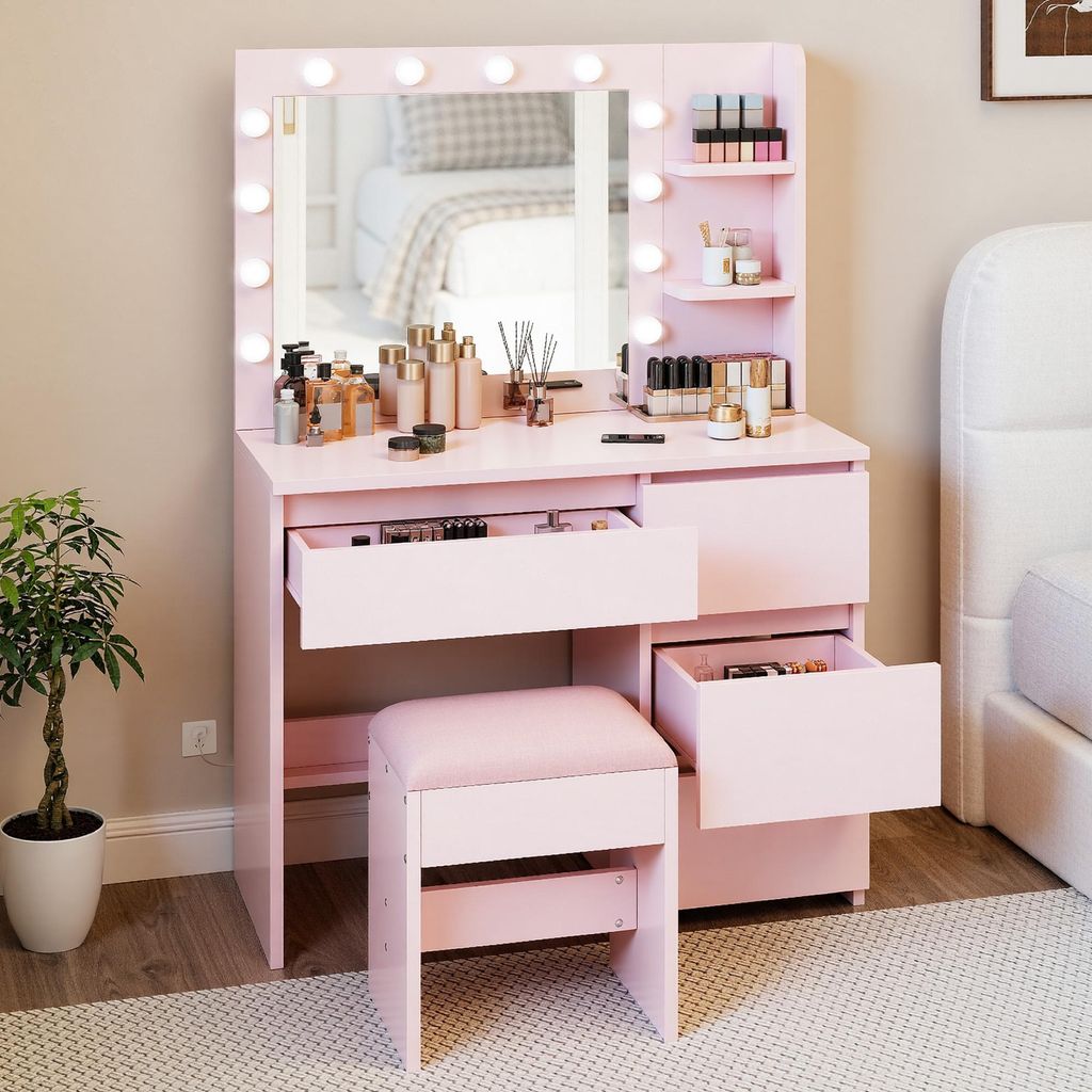 Schminktisch mit Beleuchtung, Spiegel und Hocker, 3 Farben mit einstellbarer Helligkeit, mit 4 Schubladen, Rosa