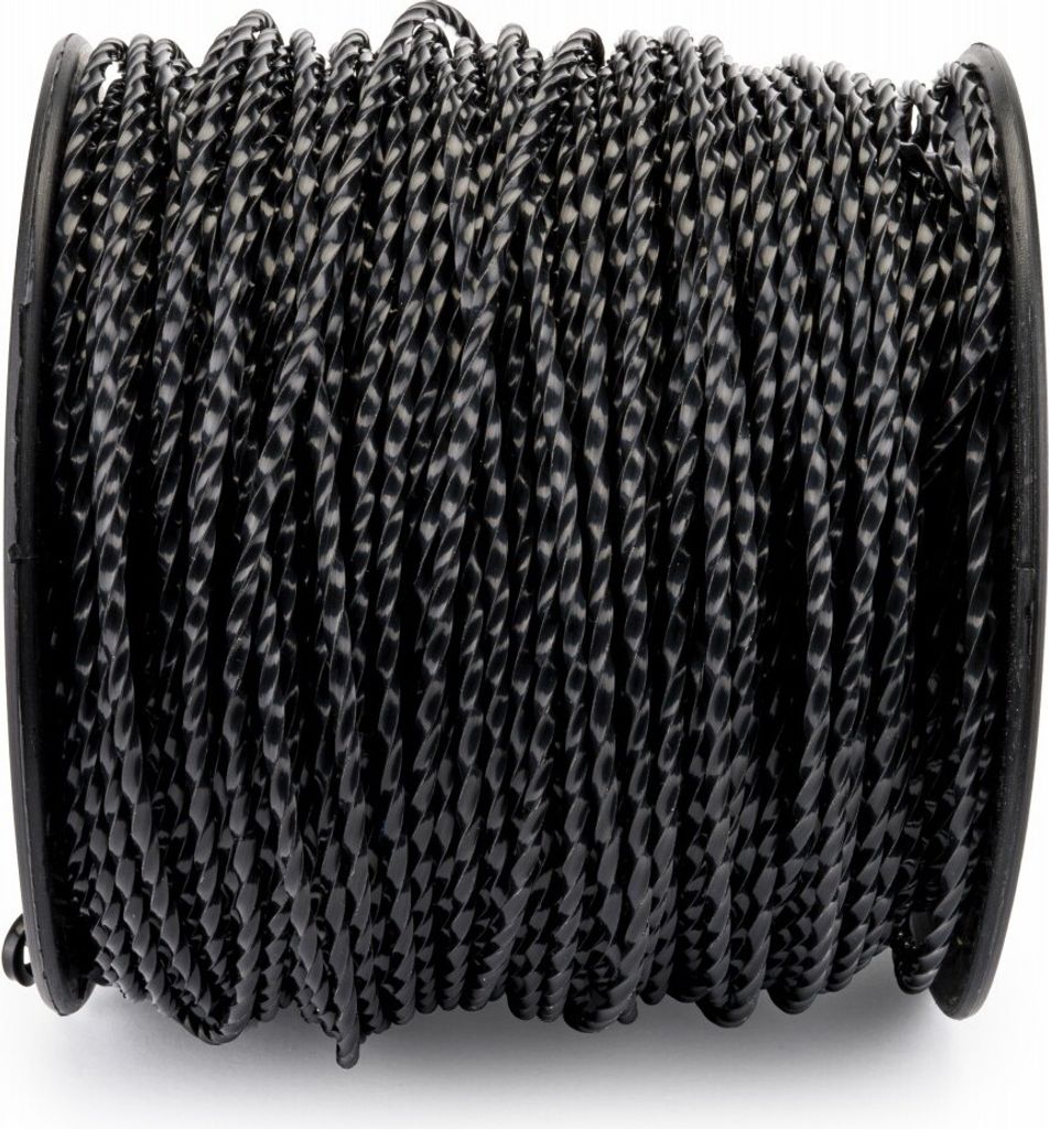 A spool of black twisted rope.