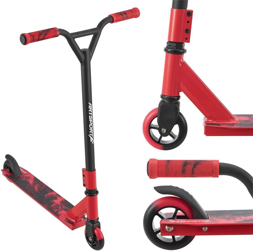 ArtSport Stunt Scooter Red Smoke - Trick Roller für Kinder & Jugendliche - 360° Lenker, 100 mm Alu Räder - Tretroller Rot Schwarz